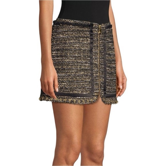 RAMY BROOK Rhonda Tweed Zip-Front Mini Skirt Gold Zipper Hardware Size 8 Black - Picture 3 of 15
